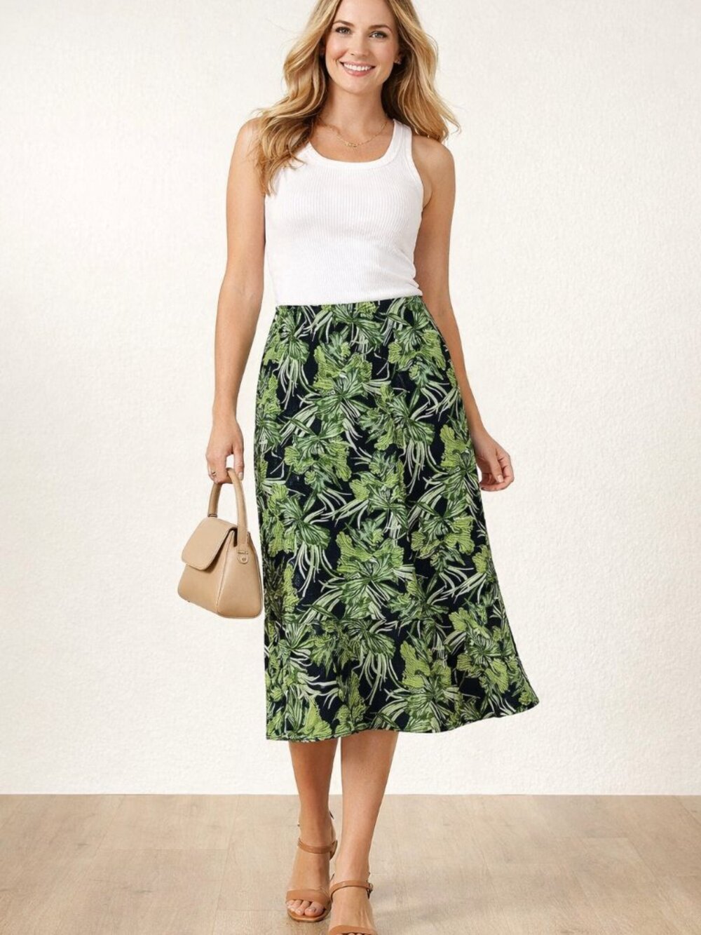 Citiknit Botanical Patterned Stretch Pull On Green/Black Skirt  Size  Large